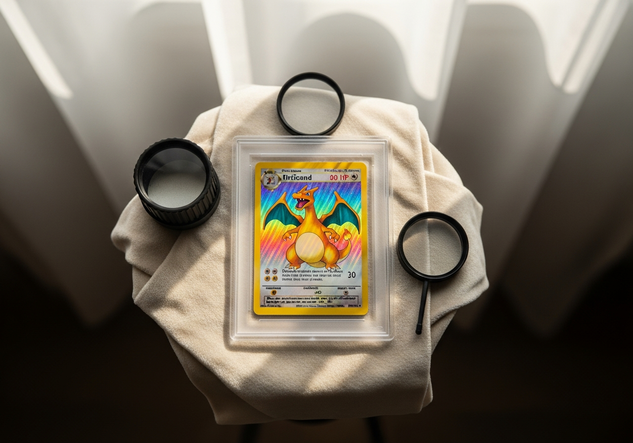 Expert Cnsco examinant une carte Dracaufeu holographique première édition avec loupe professionnelle